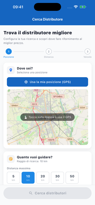 App PienoFVG per iPhone — ricerca del distributore per posizione e tipo di carburante