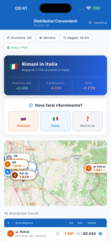 App PienoFVG per iPhone — risultati con i distributori più convenienti e confronto con la Slovenia