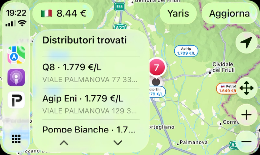 PienoFVG su CarPlay: mappa dei distributori con prezzi già scontati e lista dei più convenienti