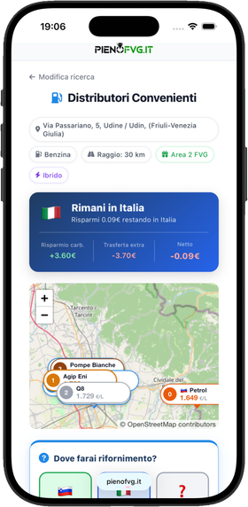 Risultati PienoFVG con indicazione «Rimani in Italia», risparmio netto calcolato e mappa dei distributori